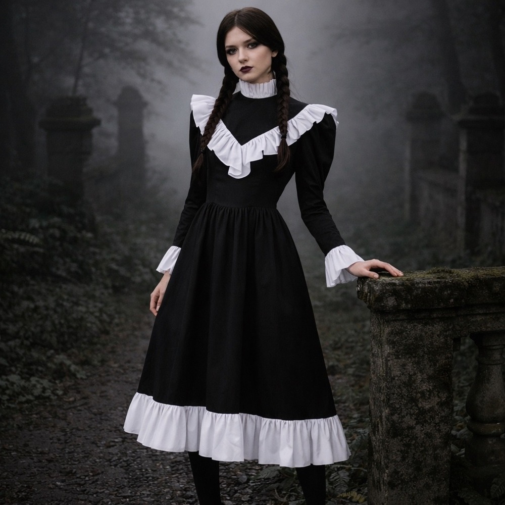 NWT Batsheva Black White Ruffle Cotton Midi Dress‎ Size 2